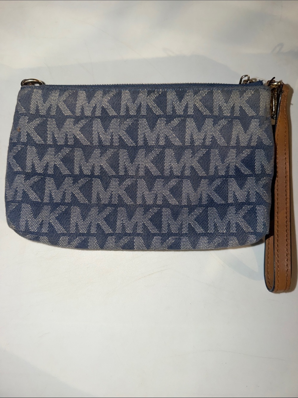 Michael Kors Denim MK Monogram Wristlet Clutch with Tan Strap - Picture 2 of 6